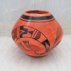 Vintage Orange Handpainted Mexican Pottery with Handpainted Hopi Style Design